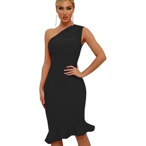 Maketina Womens One Shoulder Bodycon Dress | Emerald Green Mermaid Cocktail